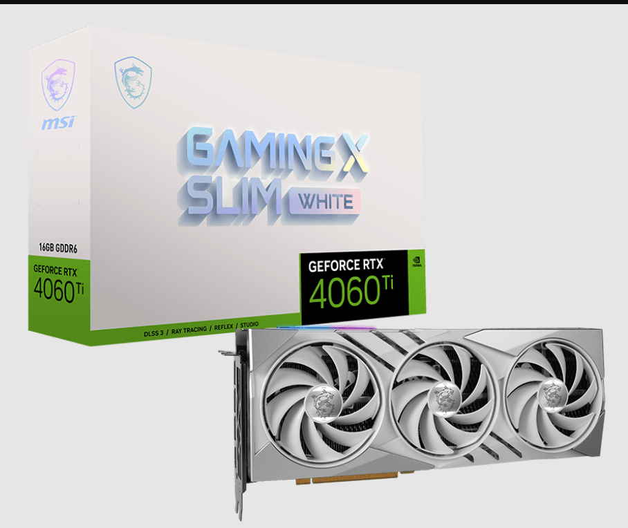  nVIDIA GeForce RTX 4060 TI GAMING X SLIM WHITE 16G<br>Boost Clock: 2670 MHz, 1x HDMI/ 3x DP, Max Resolution: 7680 x 4320, 1x 8-Pin Connector, Recommended: 550W  